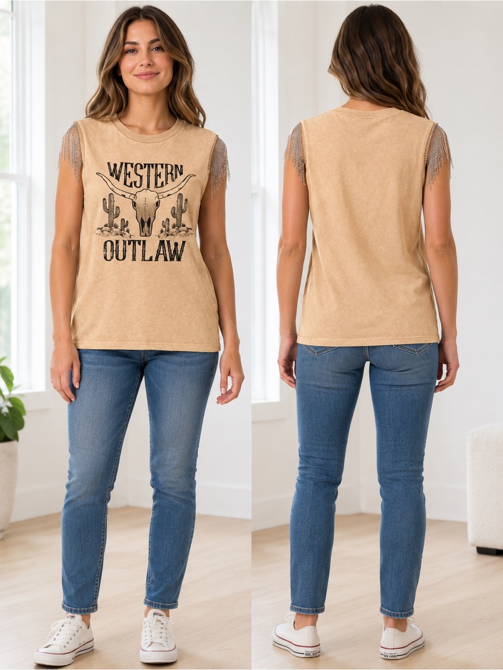 Modish Rebel Western Outlaw Fringe Tank Top Size Med/Rodeo/Festival/Southwestern